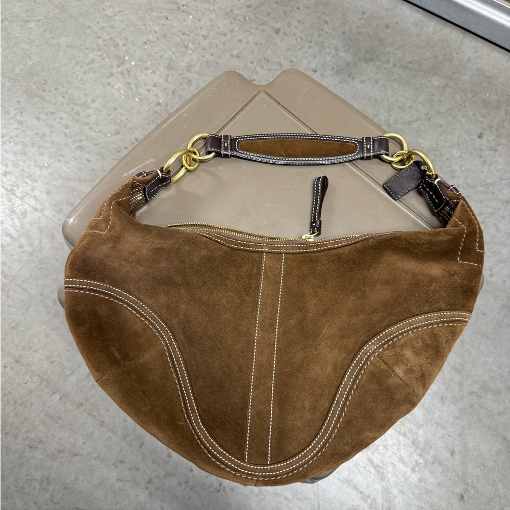 Coach Brown Suede Hobo Bag with Gold Accents